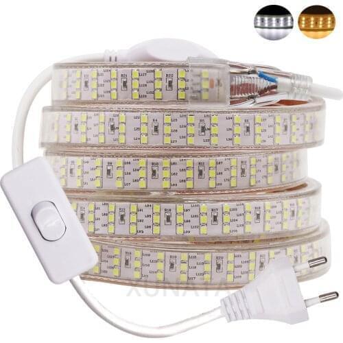 276Leds/m Three Row LED Strip Light 220V SMD2835 Flexible LED Tape Rope Waterproof LED Ribbon with Dimmer EU Switch Plug Decor