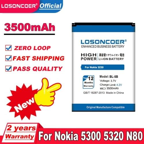 LOSONCOER 3500mAh BL-5B for NOKIA 5300 5320 7360 6120ci 3220 3230 5070 5500 6020 6021 N80 N83 6120 6021 5070 7260 7360 5140
