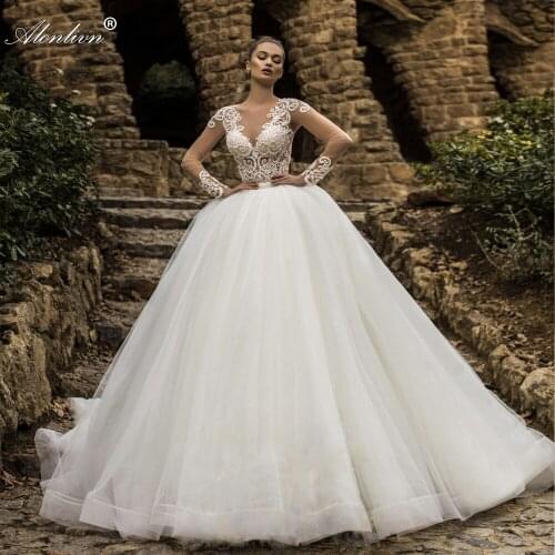 Alonlivn Wedding Gowns Beading Pearls Princess Soft Tulle Appliques Puffy Ball Gown Bride Dresses