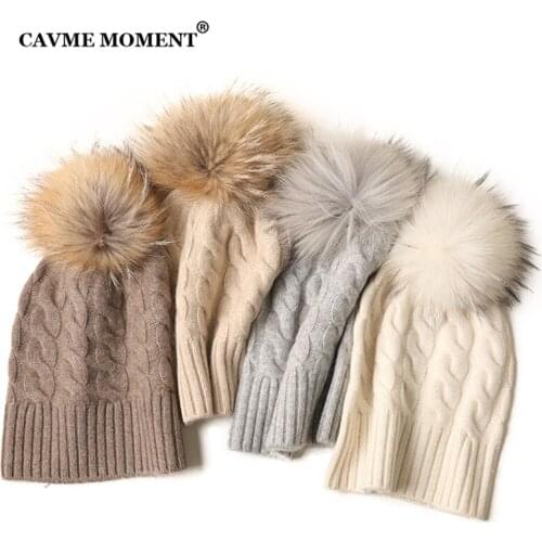 CAVME Real Fur Cashmere Pompon Skullies Beanies Winter Hats for Women Men Ladies Knitted Hat Solid Color Fur Pompon