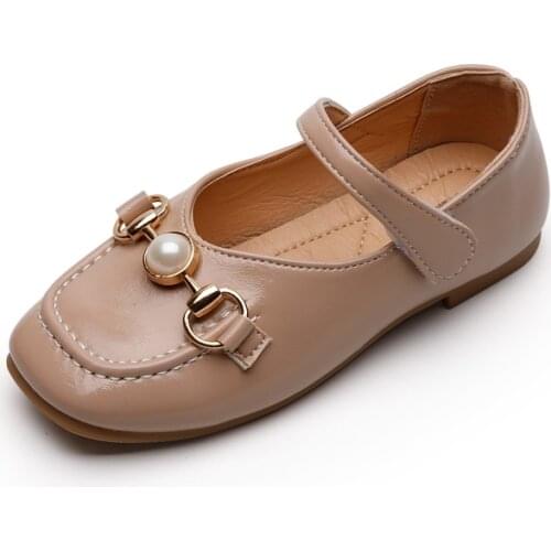 Kids 2021 Spring/Autumn Pearl Princess Party Square Toe Leather Shoes Children Girls New Elegant Soft Hook&Loop Outdoor Shoes