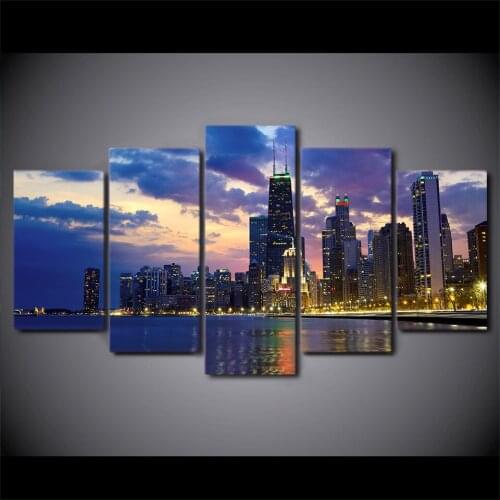 Home Decor 5 Pieces Busy City Chicago Night View Poster High Quality Canvas Painting Print Wall Art Modern Modular Pictures
