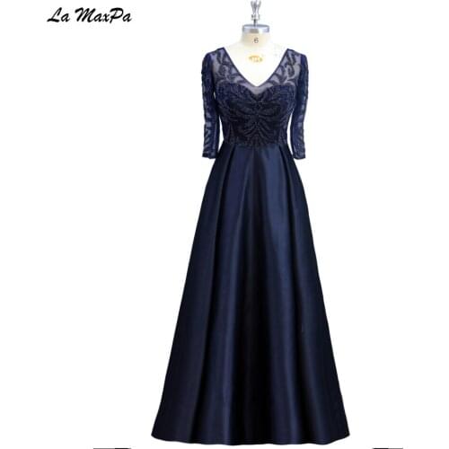Elegangt Heavy Beaded Long Sleeves Satin Navy Prom Dress CMT48