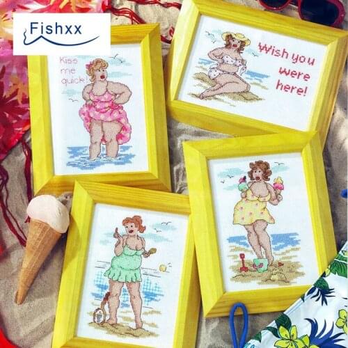 Fishxx Cross Stitch Kit European magazine Crazy114-1 four characters beauty seaside holiday leisure time