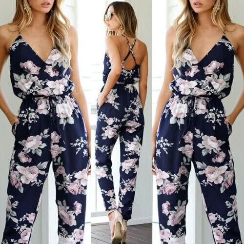 Women Fashion Ladies Playsuit Party Jumpsuit V Neck Floral Bandge Romper High Waist Long Trousers Pants Clubwear For Summer