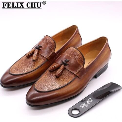 FELIX CHU Mens Tassel Loafers Genuine Leather Luxury Italian Men Style Slip On Dress Shoes Party Wedding Casual Shoes Fashion