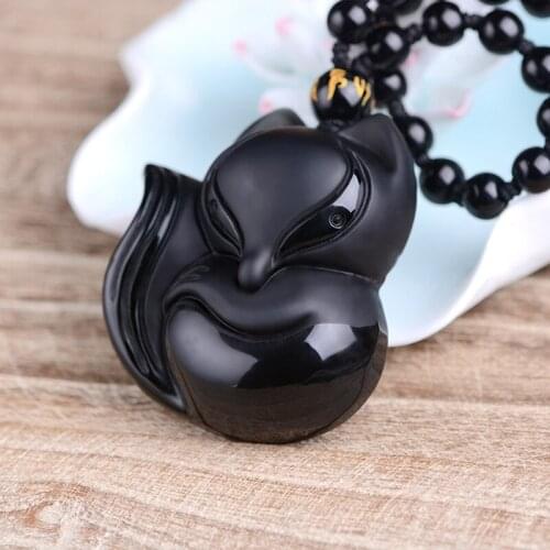 Natural Obsidian Fox Jade Pendant Jewelry Lucky Exorcise Evil Spirits Auspicious Amulet Jade Pendant Fine Jewelry