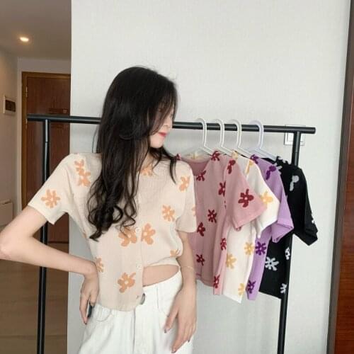 Shirt Small Flower Short-sleeved Cardigan Thin Section Womens Knitted Summer New Slim Slim Cropped Top