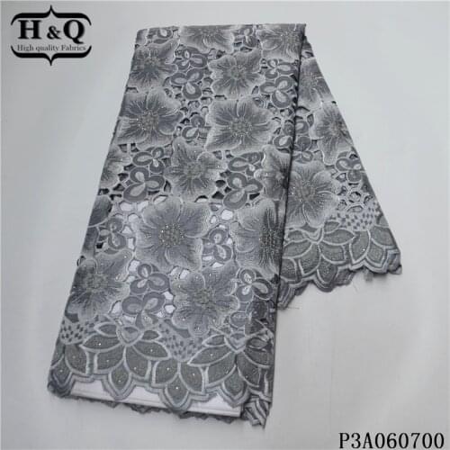 H&Q gray african dry lace 100% cotton fabric embroidery with stones 5 yards/pcs swiss voile lace nigerian mesh fabrics for dress