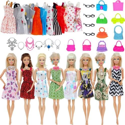 Random 30Pcs/Set = 10x Doll Skirt + 10 Bag + 4 Glasses + 6 Necklaces Cute Outfit Dress Accessories Clothes for Barbie Doll Toy