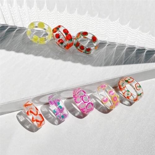 Girls DIY Handmade Transparent Resin Rings for Women Geometric Round Lemon Strawberry Ring Jewelry Party Gifts womens rings