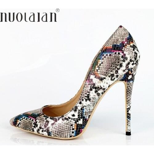 2019 Women Pumps Snake Printing 12cm/10cm/8cm High Heels Sexy Ladies Pointed Toe Stiletto Pumps Slip on Heeled Party Shoes Woman