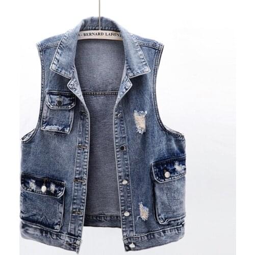 2020 spring summer NEW women sleeveless denim vests frayed holes vintage loose plus size jean waistcoat JC232