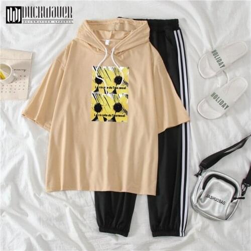 Duckwaver 2021 New Womens Loose Cute Style Sets Fresh Casual Short Sleeve Hooded Tops & Cargo Pants Two-Piece Suits Comfortable