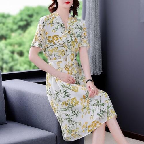 Women Casual Print Chiffon 4XL Plus Size Sundress Summer Mulberry Silk Vintage Midi Dresses 2021 Elegant Bodycon Party Vestidos