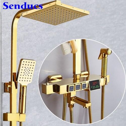 Gold Thermostatic Shower Set Senducs Stainless Steel Rainfall Shower Head Brass Bathroom Faucets Golden Digital Bath Shower Set