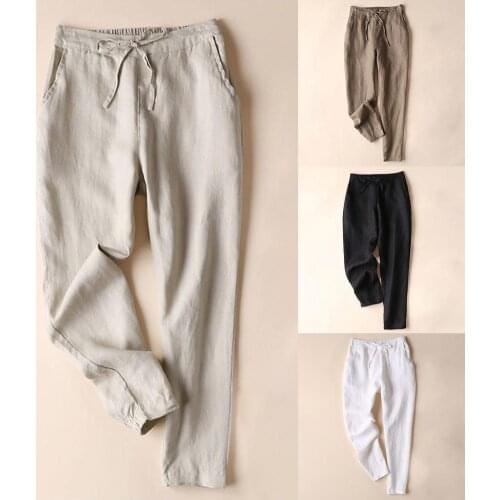 40%HOT Solid Color Cotton Linen Cropped Trousers Loose Women Drawstring Harem Pants