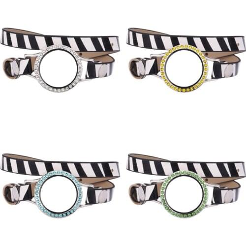 5pcs/lot 30mm Different color crystals Glass Locket 37CM Zebra stripe Double Wrap PU Leather Bracelet Wristband With 50pcs Charm