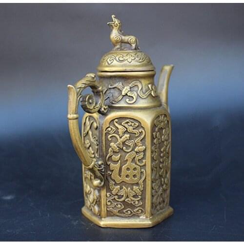 Colección antigua de bronce antiguo tetera fortuna dragón olla de mano con una olla hervidor de dinero brave