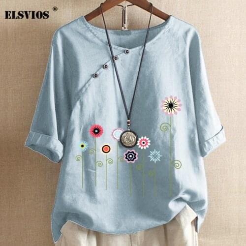 New Casual O Neck Animal Flower Print Women T-shirts Fashion Summer Mid Sleeve T-shirt Elegant Party Button Cotton Linen T-shirt