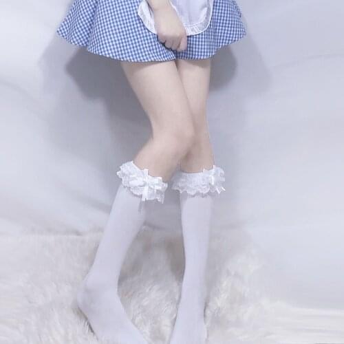 Maid Lolita Socks Knee High Cosplay Costumes Accessories Nylon Lace bow Socks Cute Kwaii Girl Long Socks Lady White Knee Socks