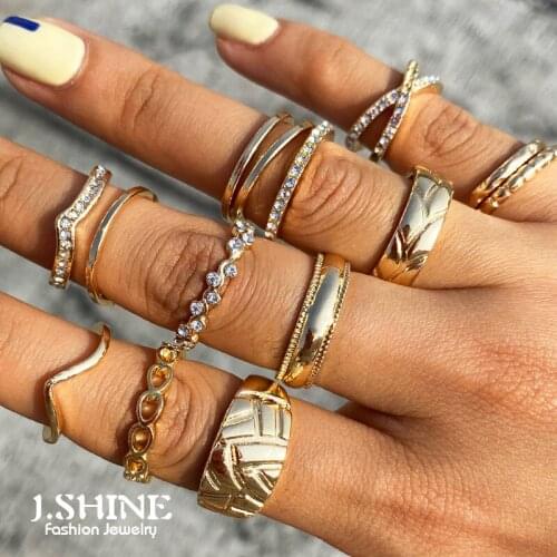 JShine 15Pcs/Set Rhinestone Stacked Ring Retro Hollow Curved Slim Geometric Knuckle Finger Rings Women Fashion Punk Jewelry
