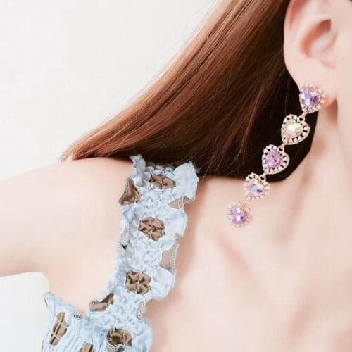 Korean New Fashion Love Heart Rhinestone Long Crystal For Women Pink Purple Dangle Earrings