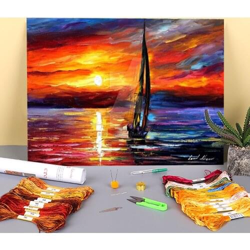Oil Style Sea Love Printed Water-Soluble Canvas 11CT Cross Stitch DIY Embroidery Full Kit DMC Threads Different
