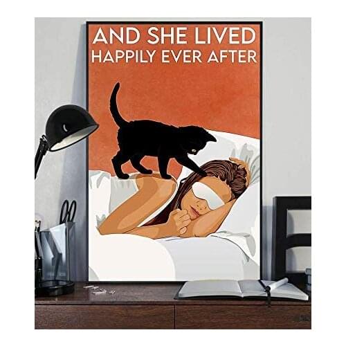 Tin Sian Love Cats and She Lives Happily Cute Metal Sign Poster Vintage Street Garage Street Family Cafe Bar Kitchen Farm Wall