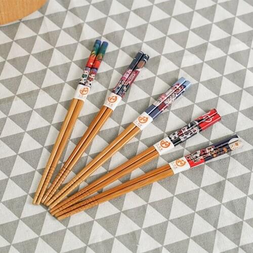 Reusable 5 Pair Set Wood Chopsticks Wooden Chop Sticks Handmade Bamboo Japanese Style Natural Sushi Food Cat Flower Multi Color