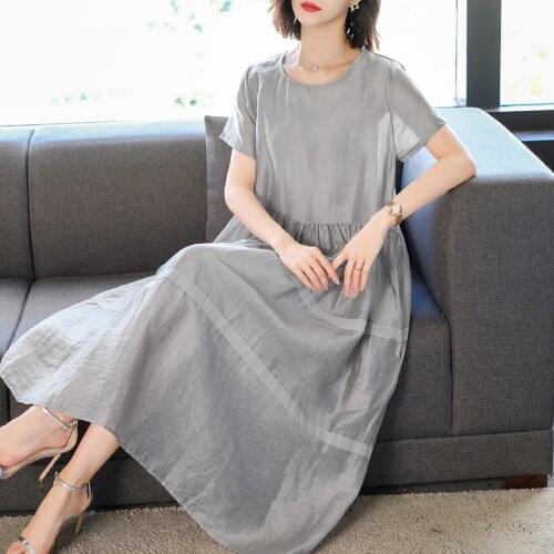 Fashion Vintage Gray Linen Loose Midi Sundress 2021 3XL Plus Size Solid Elegant Summer Runway Dress Female Bodycon Party Vestido