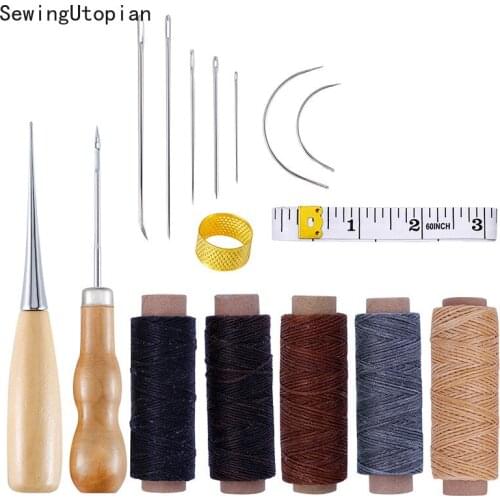 16PCS Hand Leathercraft Tool Set with Needle 150D 50M Leather Waxed Thread Cord Drilling Awl and Thimble for Leather Repair