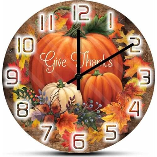 Pumpkin Thanksgiving Day Printed Wall Clock Give Thanks Fall Sign Farmhouse Home Decor Fall Leaves Wreath Art Silent Wall Watch