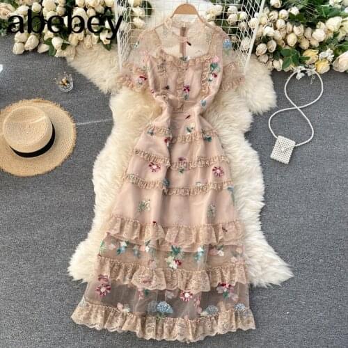 French Embroidery Flower Dress Women O Neck Short Sleeve Splice Lace A-line Dresses Summer Chic Streetwear Midi Dress
