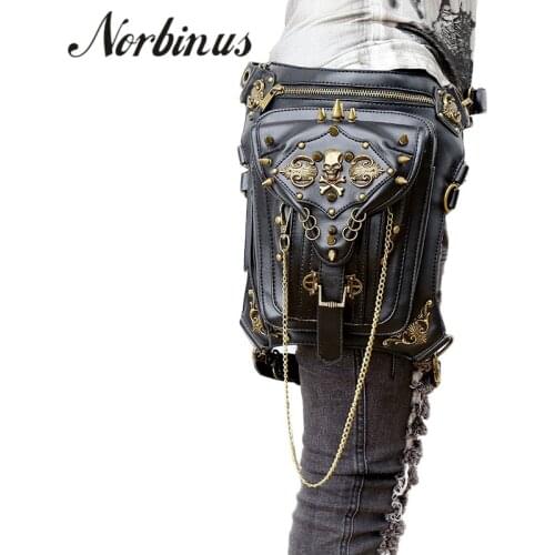 Norbinus Skull Retro Rock Waist Bags Gothic Shoulder Messenger Bags Men Women Leather Waist Fanny Pack Holster Drop Leg Belt Bag