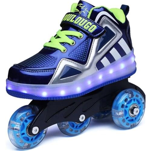 Boys&Girls Sports Skates LED Childrens Pulley With Wheel Flashing Lights Four Wheels Kids Skates Figure Skating 4 Wheel Adult