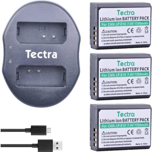 Tectra 3Pcs LP-E10 LPE10 LP E10 Li-ion Bateria + USB Dual Charger for Canon 1100D 1200D 1300D Rebel T3 T5 KISS X50 X70