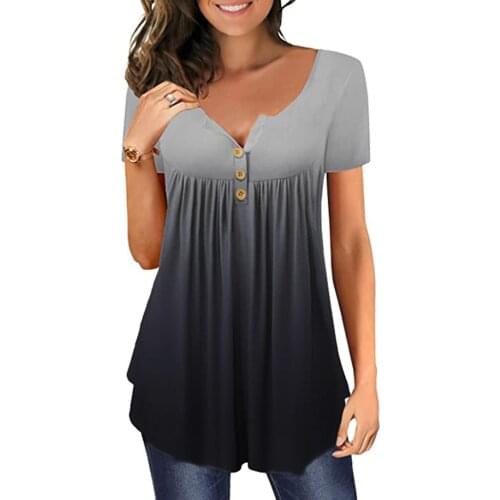 Fashoin Women Gradient Change Blouses Summer Leisure Short Sleeve Summertime Chemise Personalized Buttons Kimono V-Neck Top