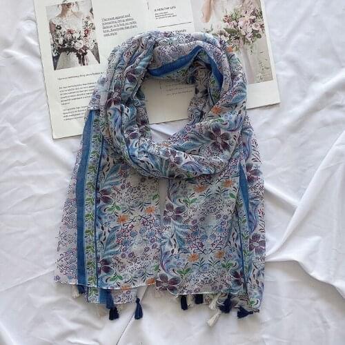 2020 Women Floral Printed Pattern Cotton Tassel Scarf 2Colors 10pcs/lot