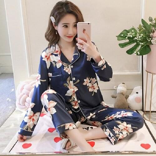 M-5XL Plus Size Womens Clothing Set Long Sleeve Silk Women Pajamas Set Autumn Satin Sleepwear Set Casual Homewear 3XL 4XL