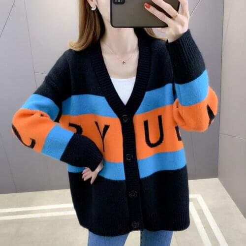 Autumn Women Coat Casual Cardigan Korean Knitted Sweater Letter Color Stitching V Neck Loose Sweater Female Top Muje TT0003