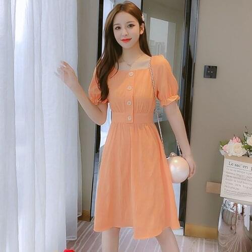 Women Summer Vestidos French Elegant Style A-Line Dress Square Collar Single Breasted Empire Waist Sweet Pure Color Slim Dresses