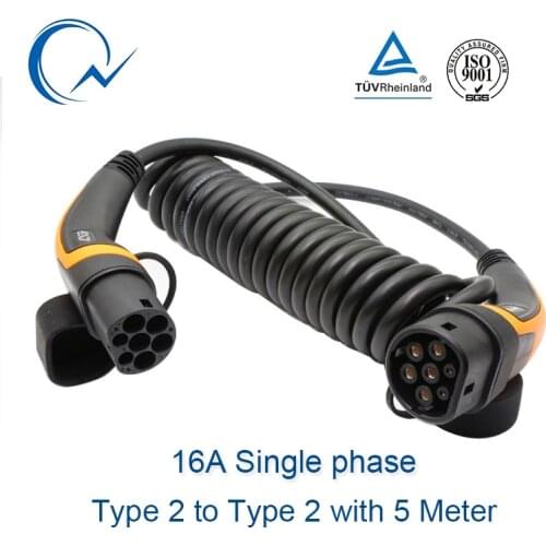 16A EV Cable Type 2 to Type 2 IEC 62196-2 single phase EV Charging Plug With 5 Meter spring cable 3.6KW EV charging Mennekes