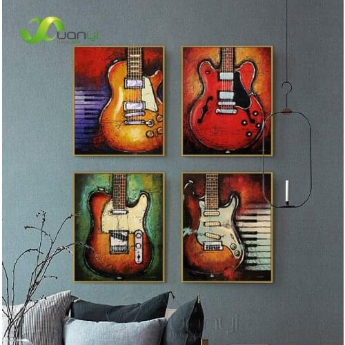 4 Panel Abstract Guitar Canvas Prints Wall Art Oil Painting Music Instrument Art Painting Wall Decor Pictures For Living Room