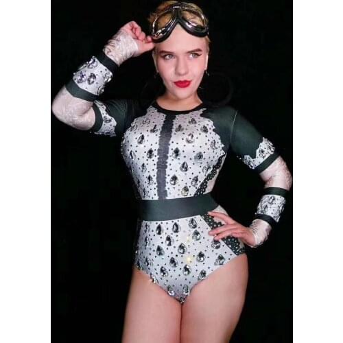 Flashing Big Rhinestones Long Sleeves Leotard Outfit Womens Dance Birthday Celebrate Outfit Singer Bar Stretch Bodysuit DN1568