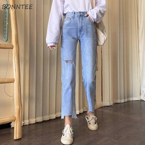 Jeans Women Spring Trendy All-match Sweet High Waist Simple Hole New Chic Daily Pockets Ladies Ulzzang Casual Loose Ankle-length