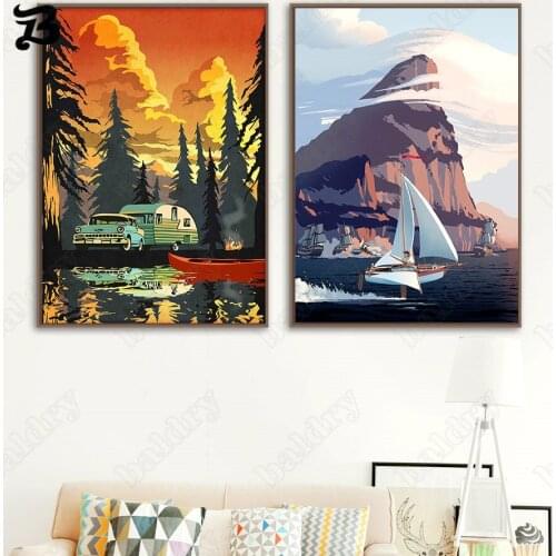 Canvas Painting Landscape Art Car Sailboat Tourist Vintage Wall Art Posters and Prints Wall Pictures for Living Room Retro Decor