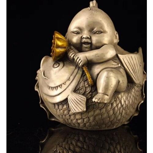Chinese Old copper handmade Boy carp Lotus Home decoration
