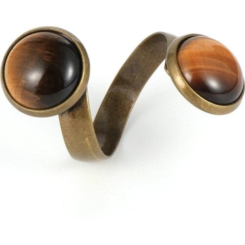 Fashion Men Women Natural Gem Stone Rings 2020 New Double Tiger Eye Stone Crystal Vintage Bronze Adjustable Ring BOHO Jewelry