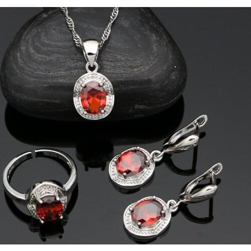 Red Garnet 925 Sterling Silver Jewelry Set for Woman Earrings Ring Pendant Necklace Party Accessories